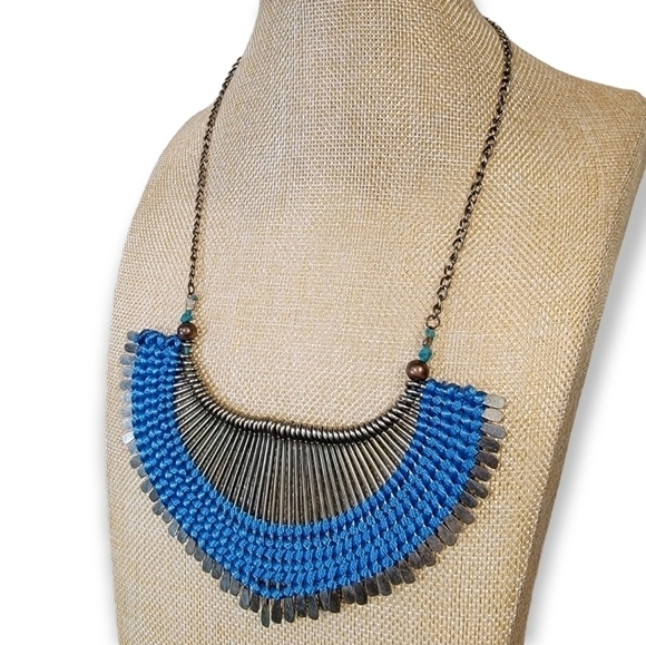 Boho Tribal Thread and Metal Spoon Fan Bib Statement Necklace - Picture 2 of 16